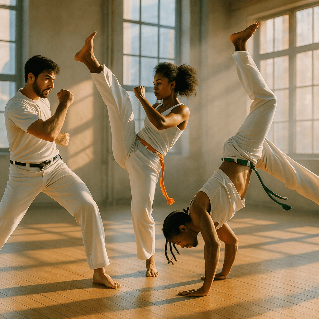 Capoeira students moving together